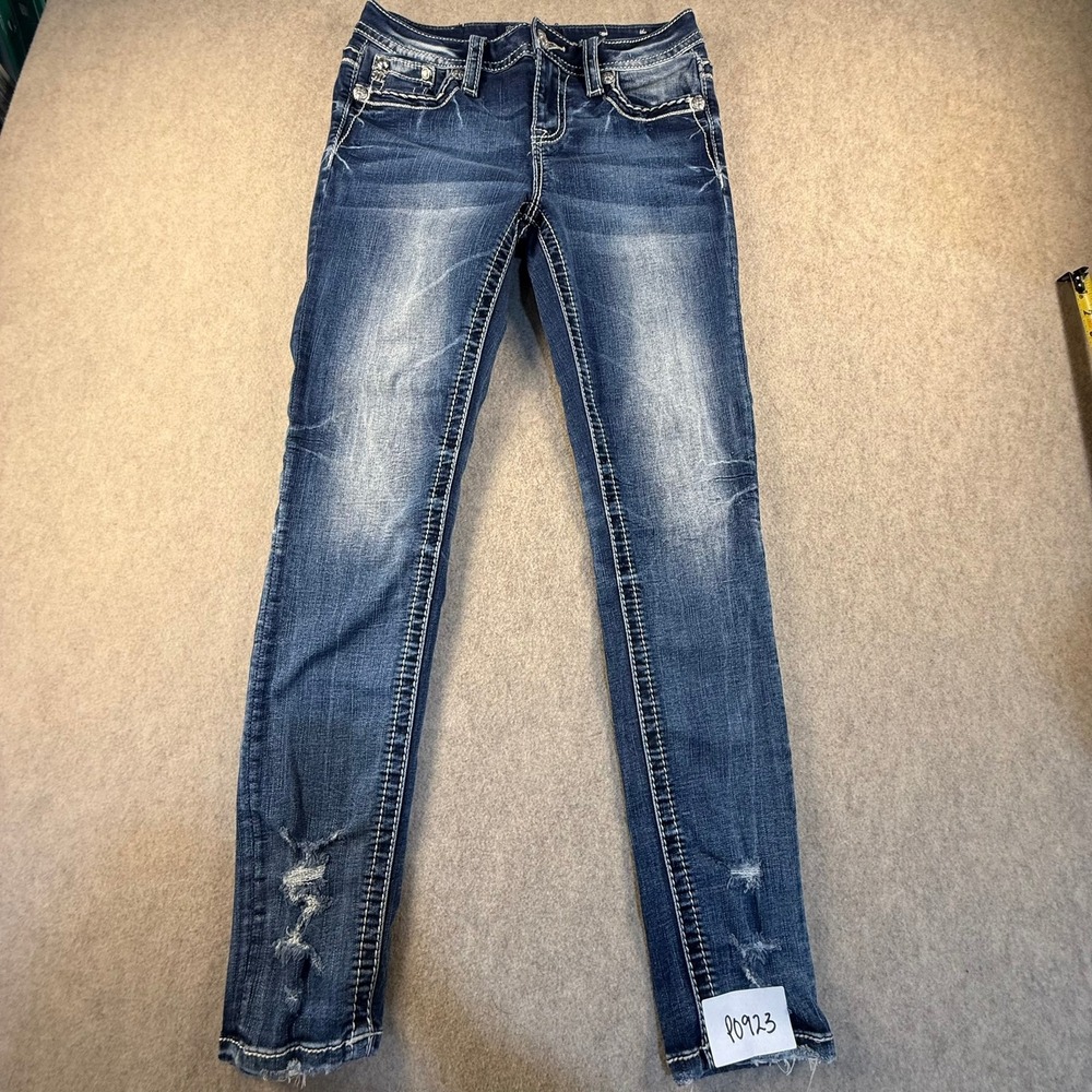 Miss Me Skinny Jeans Dark Wash Embellished Flap Pocket Distressed Size 27